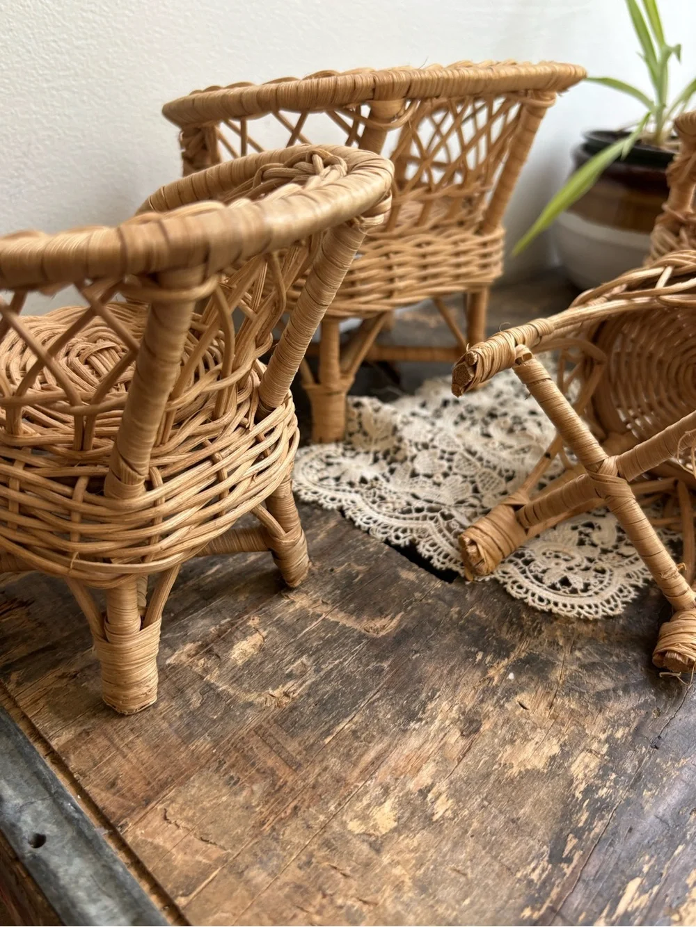 Vintage miniature Natural Rattan Wicker chair and sofa set loveseat